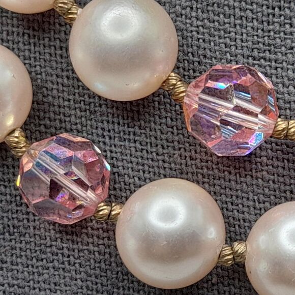 Vintage Pink Faux Pearls Pink Crystals Choker Necklace 1950s - Picture 6 of 11